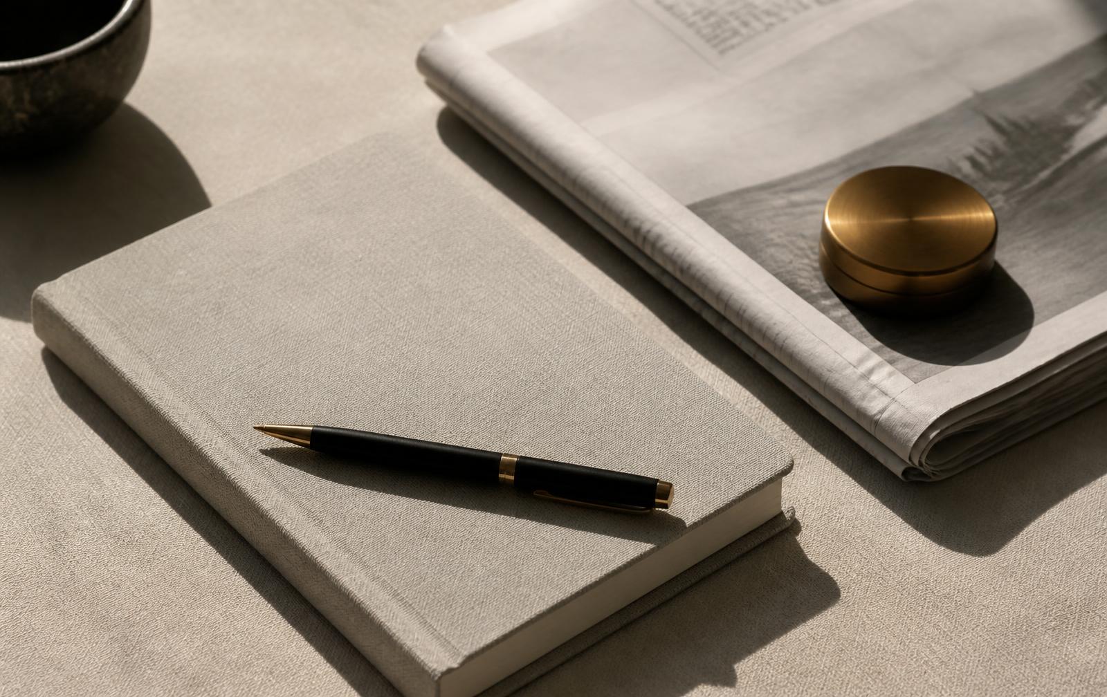 A notebook, pen and folded newspaper on a linen desk